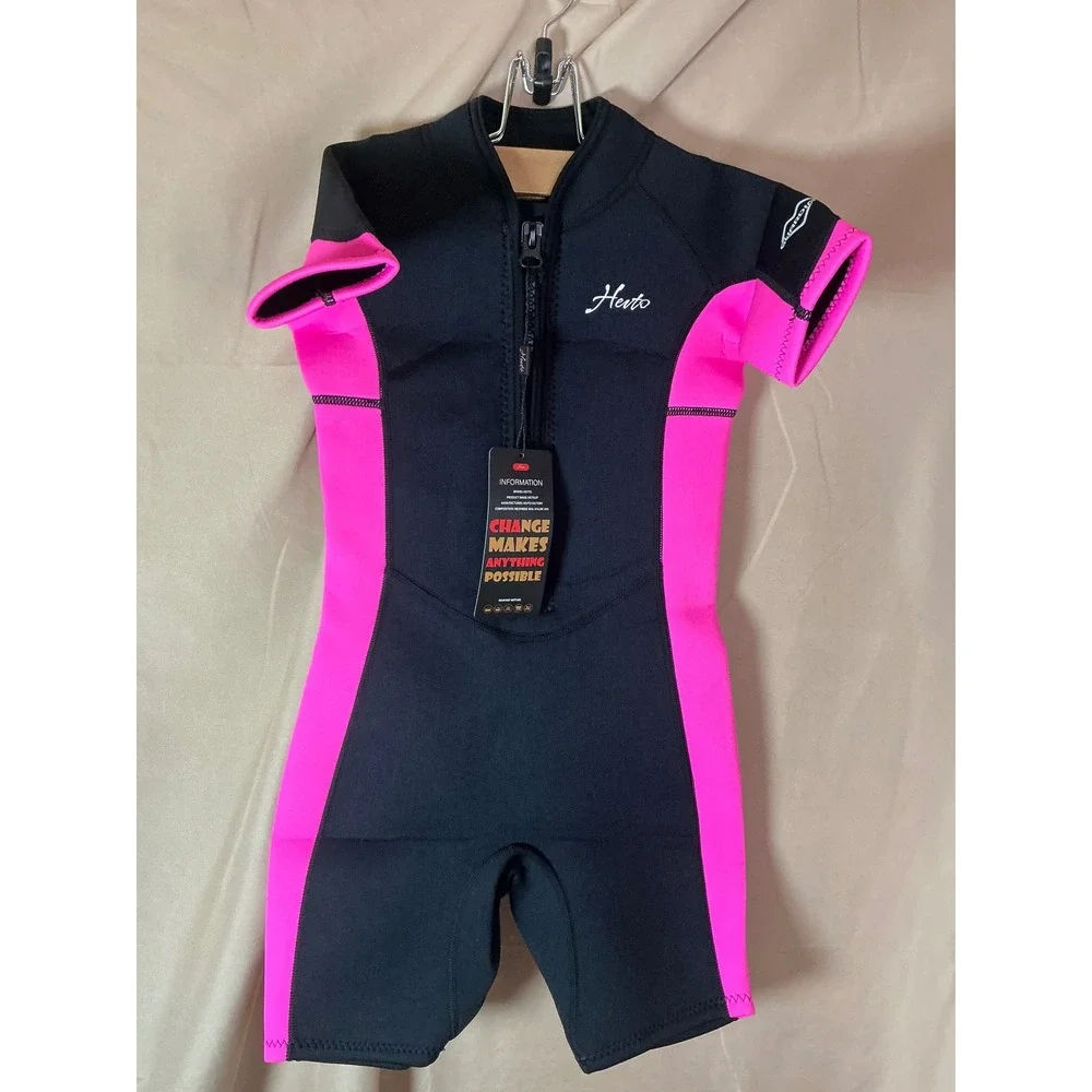 Hevto Wetsuit Shorty Kids 7 Black Pink New 2mm Neoprene Front Zip Surfing Swim